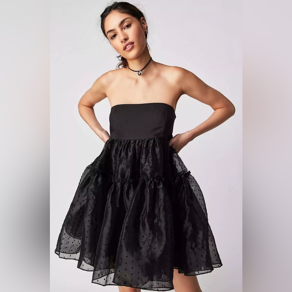 Free People Size S Strapless Theo Summer Puff Mini Dress Black NWoT